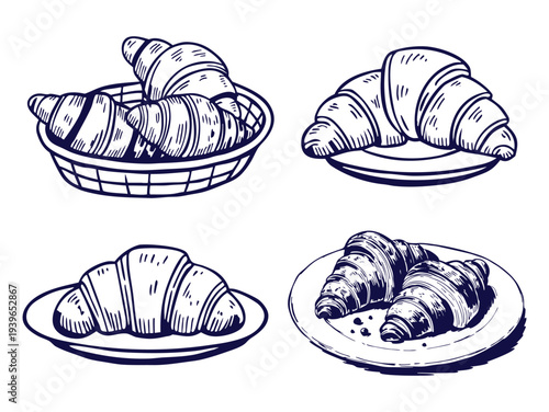 Vintage hand drawn set of croissant illustrations in navy blue ink, perfect for bakery branding, cafe menus, packaging, patterns and cozy breakfast themed food designs