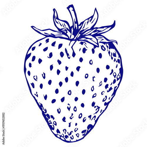 Classic hand drawn strawberry with leafy top and clean seeds for fruit branding, jam labels, menus and farm market designs