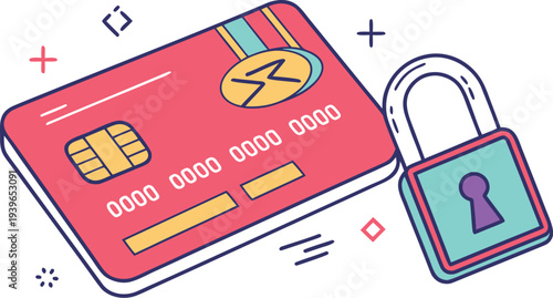 Neon bank card with lock for secure payment credit card lock secure payment neon colors