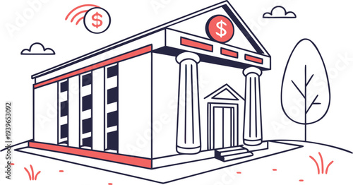 Neon bank building glowing fintech outline