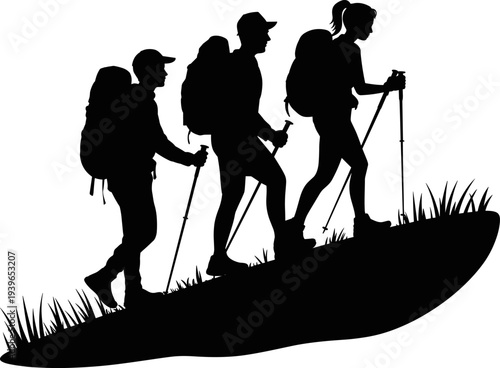 Hikers climbing uphill silhouettes, trekking adventure, outdoor nature activity, teamwork in hiking, mountain exploration, backpack travel, flat vector illustration