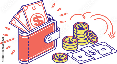 Neon budget planning with wallet and coins money