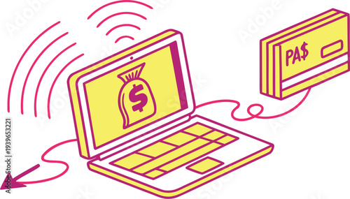 Neon online payment with laptop and credit card yellow