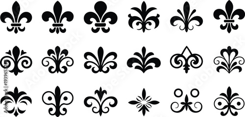 A set of nine elegant black decorative dividers with fleur-de-lis style arranged in a grid on a white background.