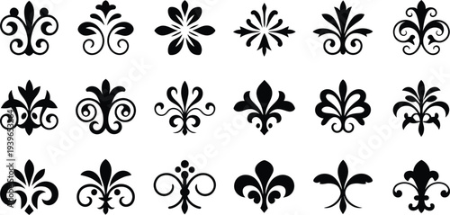 Vector Vintage White and Black Fleur De Lis Icon Set Isolated. Heraldic Lily, Retro Design Element. Vector Illustration