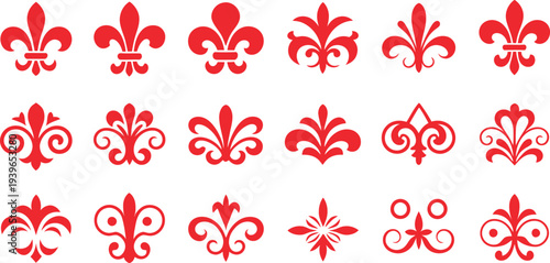Vector design of fleur de lis in three graphic styles in red, representation of the lily flower, a symbol used in medieval heraldry. All on white background.