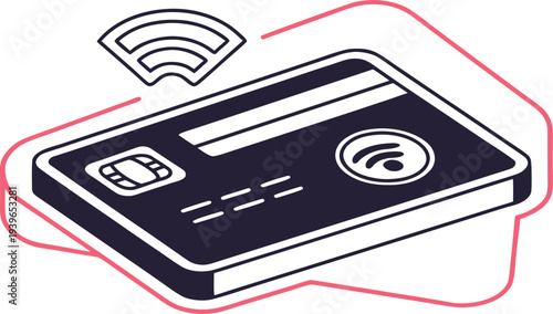 Glowing neon outline of a credit card with wifi symbol fintech payment