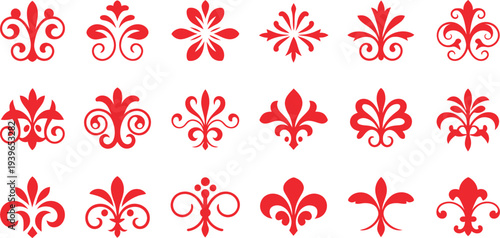 Set of Elegant Vector Ornamental Designs Featuring Heraldic Lily Symbols, Decorative Flourishes, and Vintage Heart Shapes