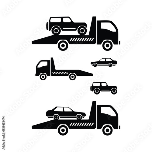 Flat vector icon set featuring towing trucks transporting different types of vehicles  on a flatbed tow truck