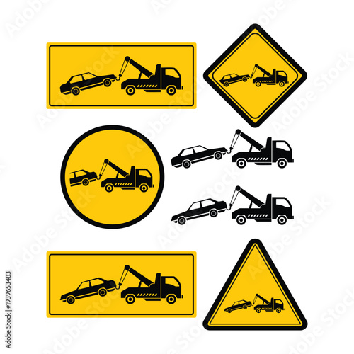 Tow truck warning and towing service symbol collection featuring a vehicle being lifted by a tow truck crane