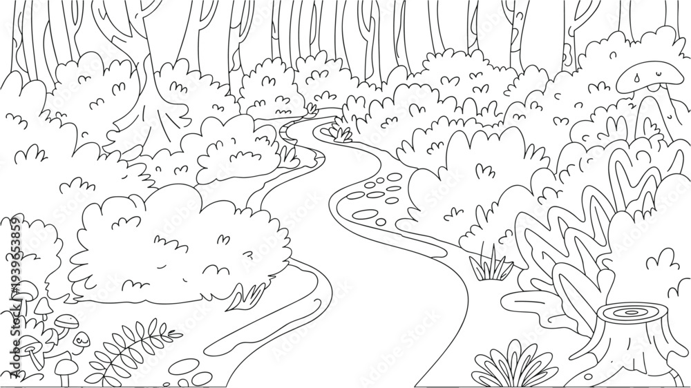 Obraz premium Forest path winding through trees and bushes tranquil woodland scene line art