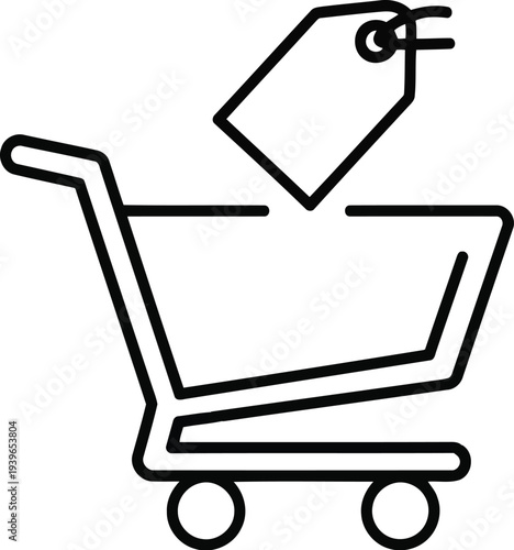 Black line shopping cart with price tag line black white background e-commerce