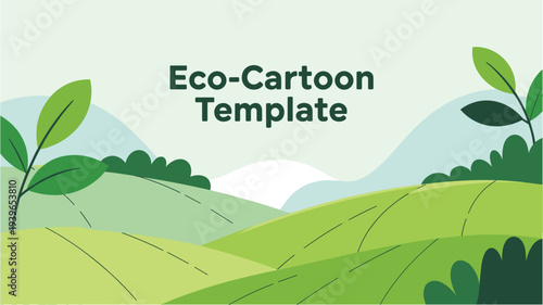 Eco cartoon template with rolling green hills and lush vegetation under a pale sky
