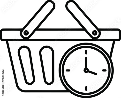 Black line shopping basket with clock black line white background simple e-commerce