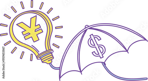 Glowing Yen Symbol Lightbulb with Umbrella and Dollar Sign currency