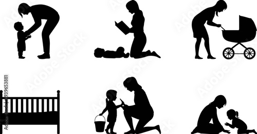 Mother with children silhouettes, caregiving bonding, nurturing activities, early childhood care, family love concept, parenting illustration, flat vector design