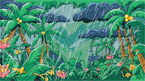 Heavy rain in tropical jungle, dark clouds, palm trees, and vibrant flowers, dense rainforest scene