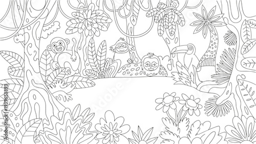 Jungle animals coloring page with monkey leopard sloth and toucan in forest