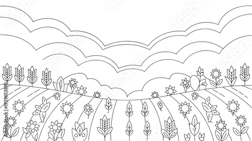 Linear coloring book page showing a farm field with sunflowers and corn under large clouds