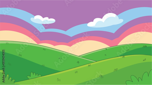 Abstract landscape with green hills under colorful sky and fluffy clouds at sunset or sunrise