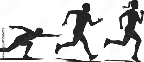 Runners silhouettes sprint sequence, starting crouch to full stride, athletic motion illustration, speed competition concept, sports training vector, flat illustration