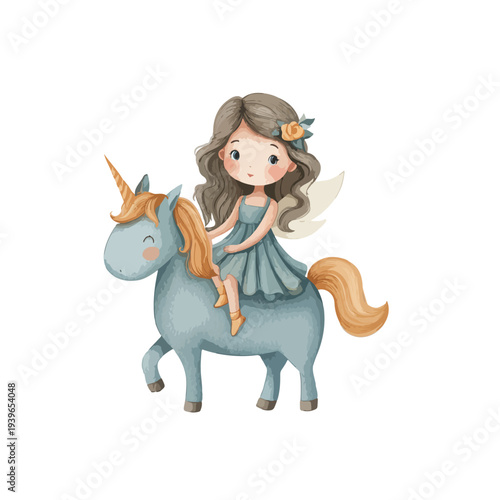 A cute girl with flowers in her hair sitting on a unicorn wearing a blue dress watercolor vector illustration, white background
