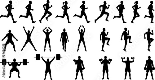Fitness silhouette icon vector illustration set featuring running, jumping, stretching, walking, and weightlifting exercise activity motifs