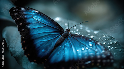 Blue Morpho Butterfly Resting on a Leaf