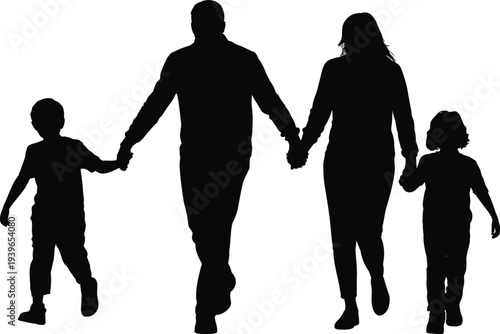 Family silhouettes walking hand in hand, parents with children illustration, unity love concept, togetherness bonding vector, flat lifestyle design