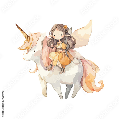 A cute girl on a unicorn in a golden yellow dress watercolor illustration vector, white background
