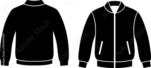 Jacket silhouette icon vector illustration set featuring simple collar design and detailed zipper style with pockets for fashion motifs