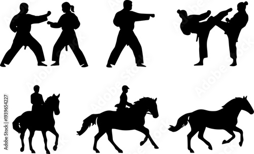 Martial arts and horseback riding silhouette icon vector illustration set featuring combat stances, punches, kicks, and horse motifs
