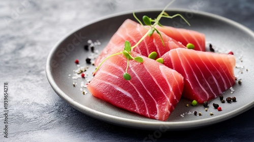 Fresh raw tuna steaks seasoned with salt and peppercorns, garnished with microgreens.