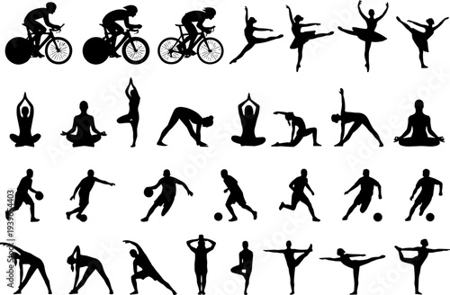 Sports silhouette icon vector illustration set featuring cycling, dance, yoga, basketball, gymnastics, and fitness activity motifs