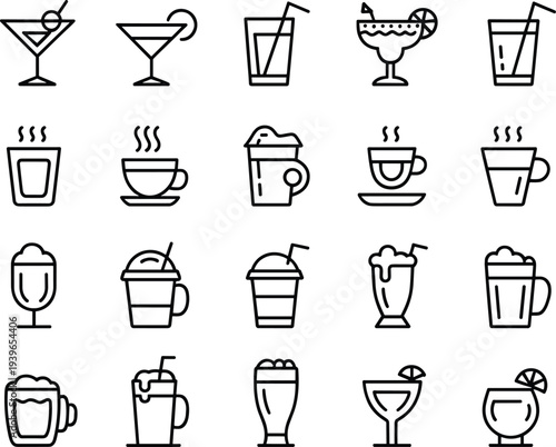 Set of Twenty Beverage Line Icons Featuring Cocktails Coffee Tea Smoothies and Beer for Restaurant Menu Bar Cafe and Drink Designs