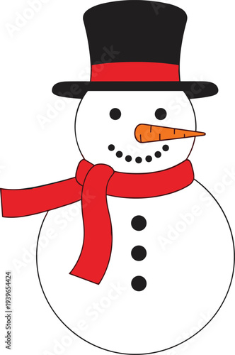 Cute snowman cartoon illustration, winter holiday character with red scarf and top hat, christmas festive vector mascot design