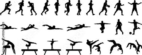 Sports silhouette icon vector illustration set featuring running, swimming, soccer, gymnastics, martial arts, and acrobatic activity motifs