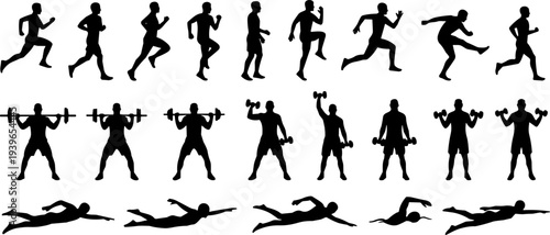 Sports silhouette icon vector illustration set featuring running, weightlifting, swimming strokes, and fitness exercise activity motifs