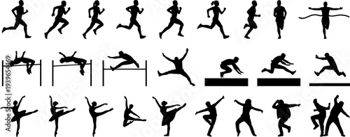 Sports silhouette icon vector illustration set featuring running, hurdling, long jump, dance poses, and martial arts activity motifs