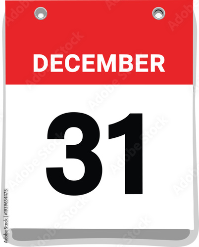 December 31 calendar icon illustration, year end date reminder, new year eve concept, daily planner page vector design