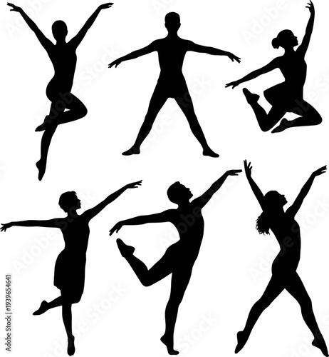 Dance silhouettes in dynamic poses, graceful movement illustration, balance flexibility concept, artistic performance vector, expressive choreography design, flat illustration