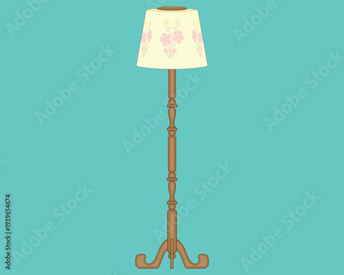 Vector design of a classic style floor lamp post with a brown wooden pole and a floral patterned lampshade