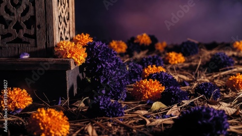 Purple and orange marigolds scatter across dry earth
