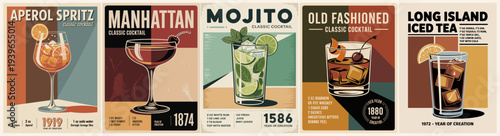 Retro poster collection featuring classic cocktails including Aperol Spritz, Manhattan, Mojito, Old Fashioned, and Long Island Iced Tea. Vintage vector illustrations with muted mid-century colors.