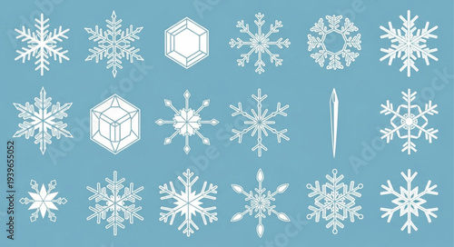 Collection of Various Snowflakes and Ice Crystals on Blue Background.