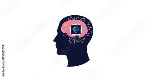Silhouette of Human Head with Brain and Circuitry.