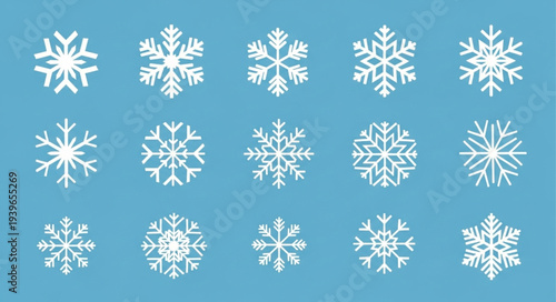 Collection of Various White Snowflakes on Blue Background.