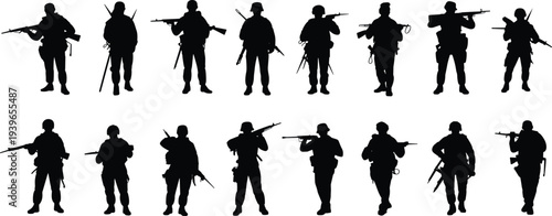 soldier silhouette set, military army soldiers with rifles, armed forces collection, combat troops icons, tactical infantry vector illustration bundle