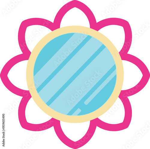 Colorful flower-shaped mirror icon with pink petals and blue reflective surface, flat vector illustration