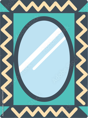 Vector illustration of decorative oval mirror with geometric zigzag frame in teal and beige colors